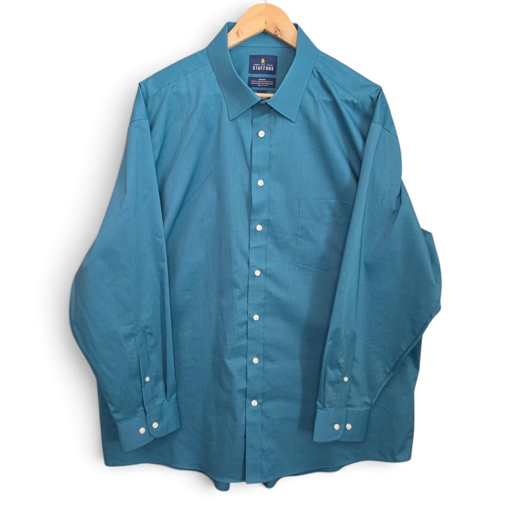 Stafford Travel Dress Shirt Mens XXL 18-18.5 34/35 Teal Blue Regular Broadcloth